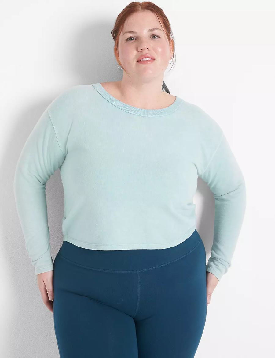 Lane Bryant LIVI Crop Boatneck Ruched-Detail Women Sweatshirts Light Green | CLF4311TS