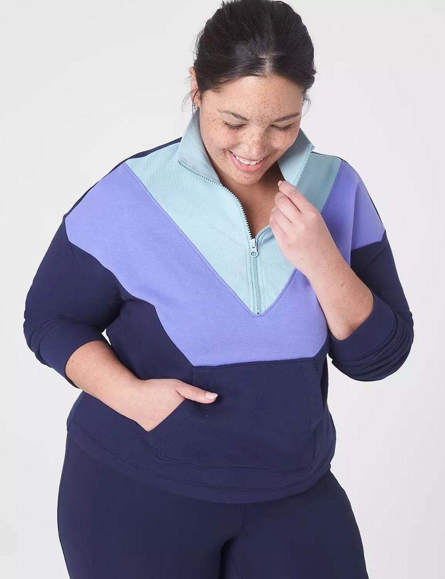 Lane Bryant LIVI Crop Zip-Neck Seamed Women Sweatshirts Dark Blue | UEW9732QK