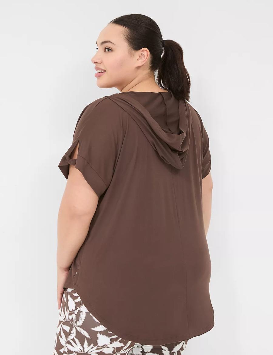 Lane Bryant LIVI Knot-Sleeve Recycled LIVI Soft Hooded Tunic Women T Shirts Dark Brown | HMQ3289WO