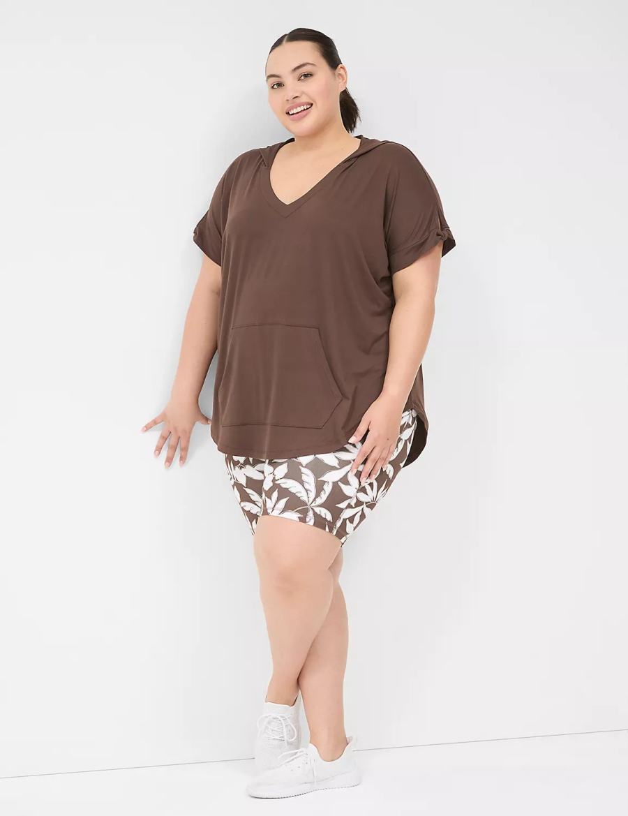 Lane Bryant LIVI Knot-Sleeve Recycled LIVI Soft Hooded Tunic Women T Shirts Dark Brown | HMQ3289WO