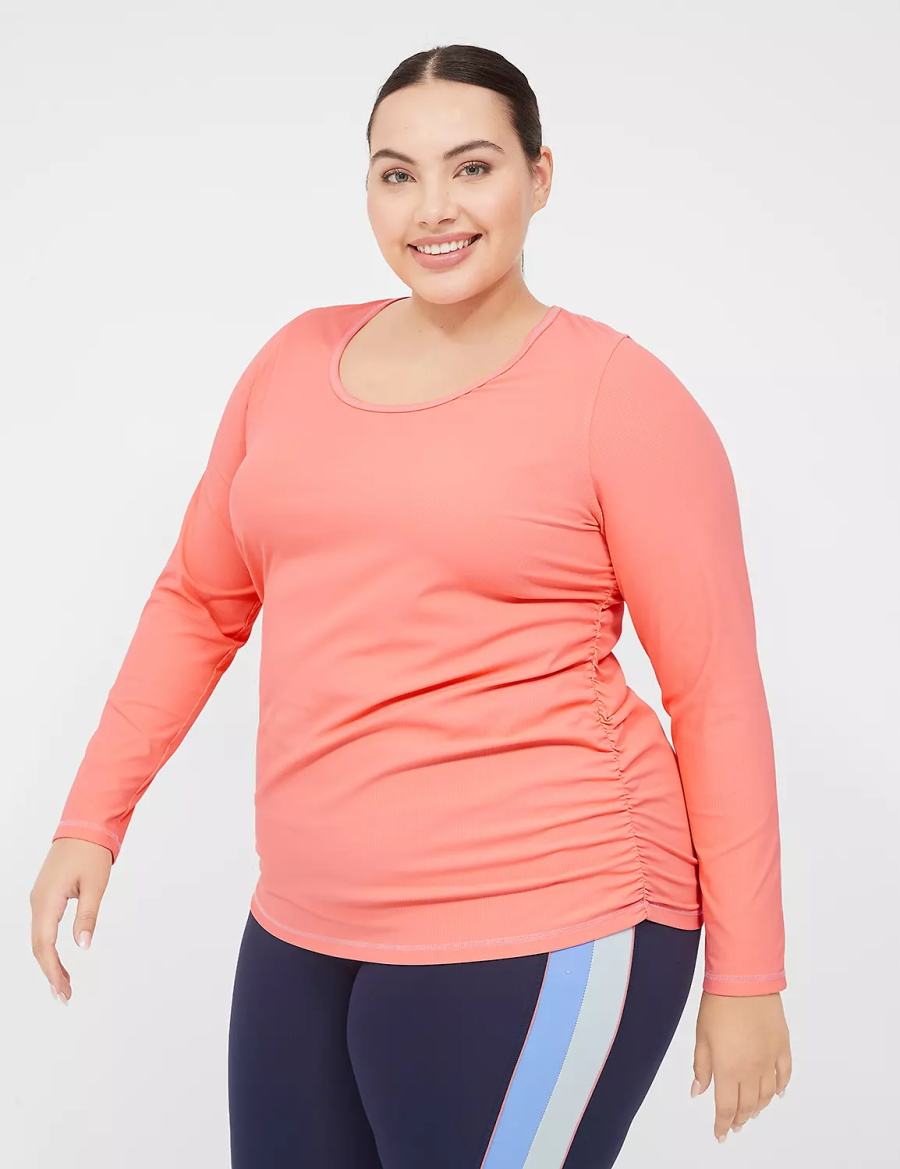 Lane Bryant LIVI Scoop-Neck Ruched Wicking Rib Top Women T Shirts Coral | CNX5652HZ