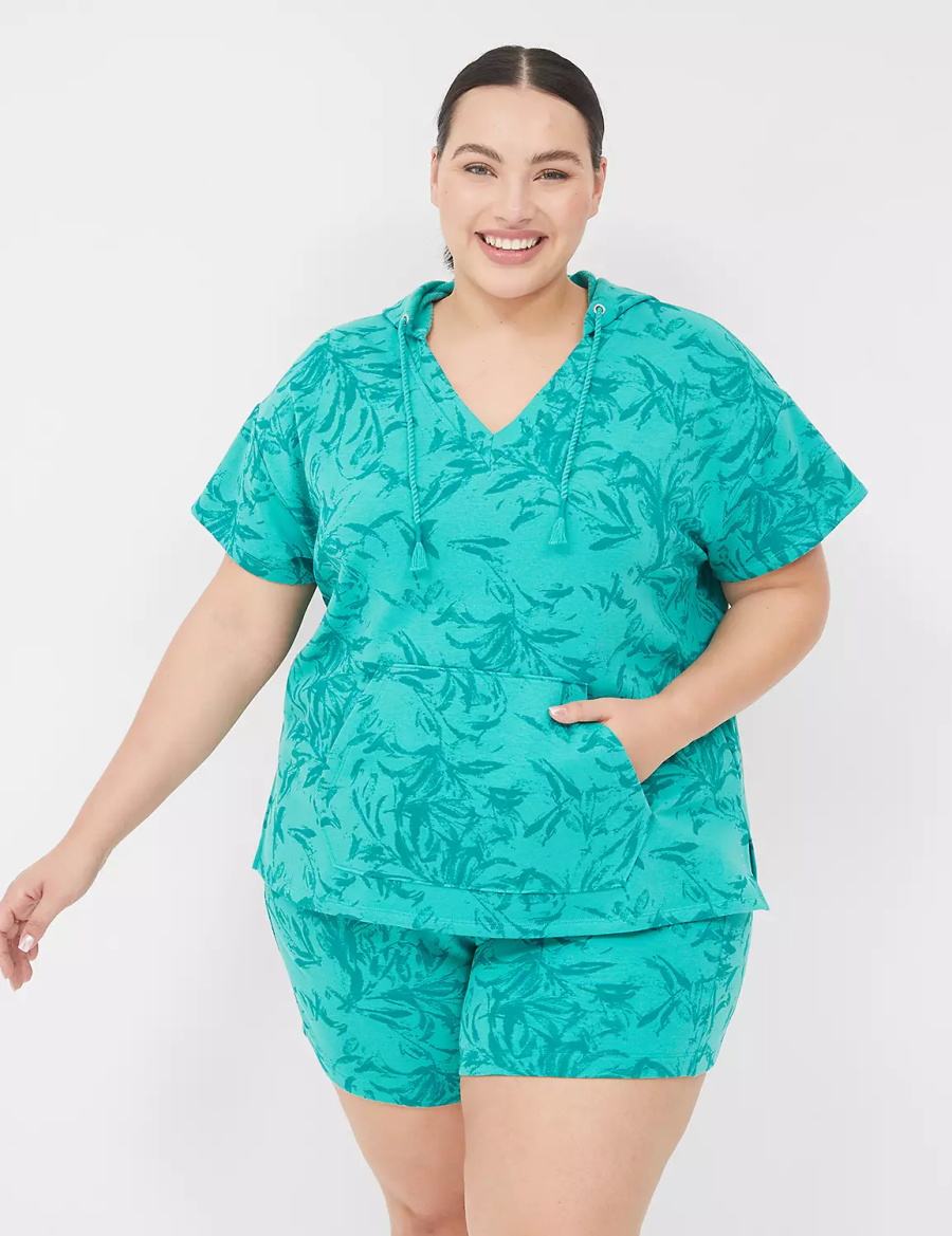 Lane Bryant LIVI Short-Sleeve French Terry Women Hoodie Turquoise | QHY6695MW