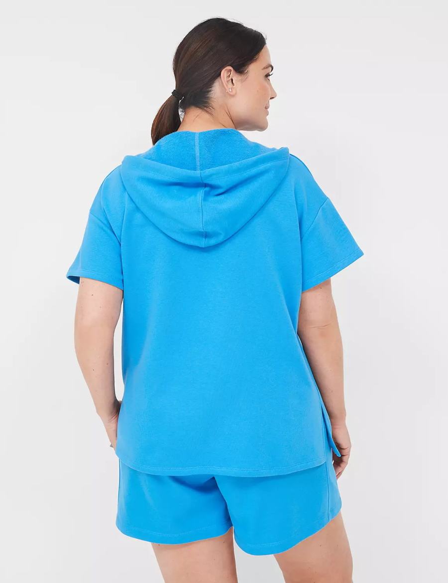 Lane Bryant LIVI Short-Sleeve French Terry Women Hoodie Blue | MXO203RU