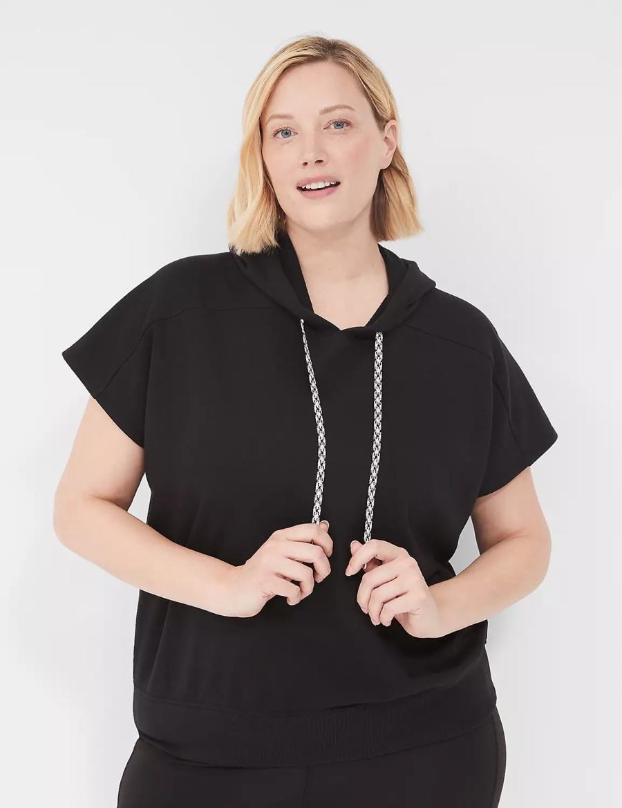 Lane Bryant LIVI Short-Sleeve French Terry Women Hoodie Black | YED2531OC