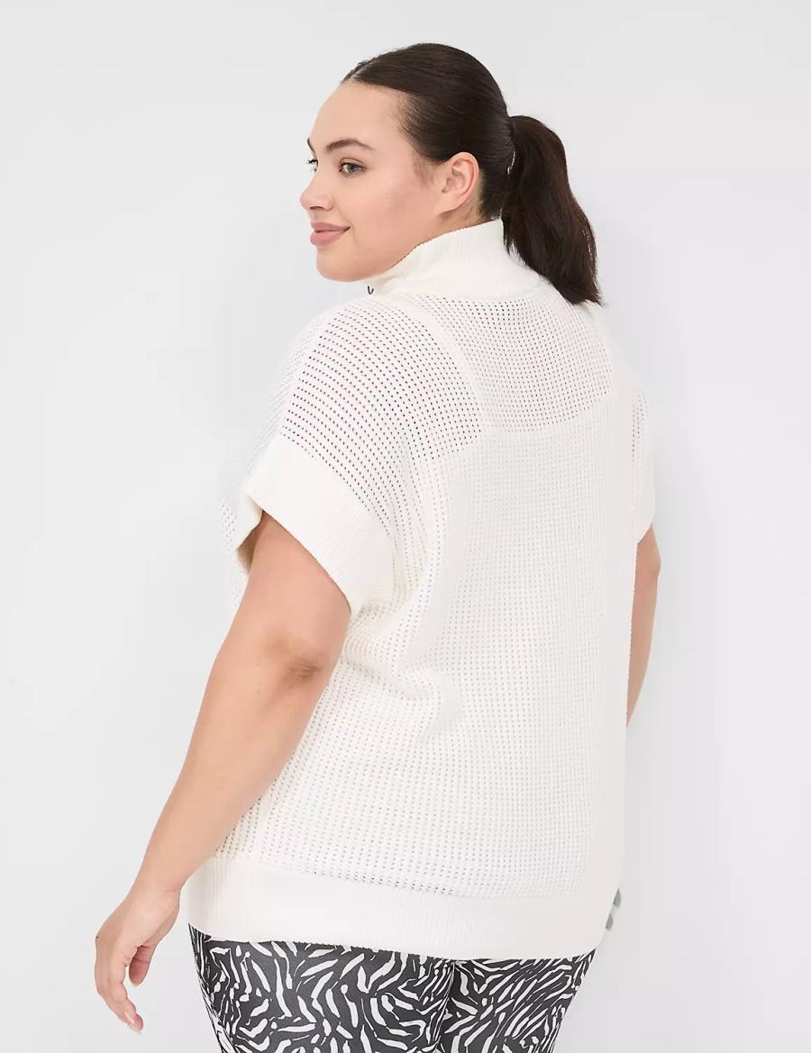 Lane Bryant LIVI Short-Sleeve Half-Zip Mesh Women Sweaters White | CAL1040LF