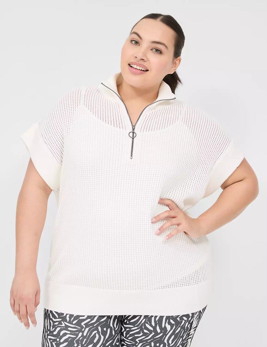 Lane Bryant LIVI Short-Sleeve Half-Zip Mesh Women Sweaters White | CAL1040LF