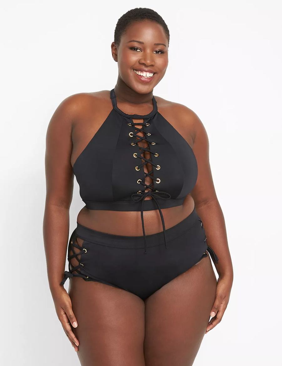 Lane Bryant Lace-Up High-Waist Swim Women Briefs Black | AAV367JF