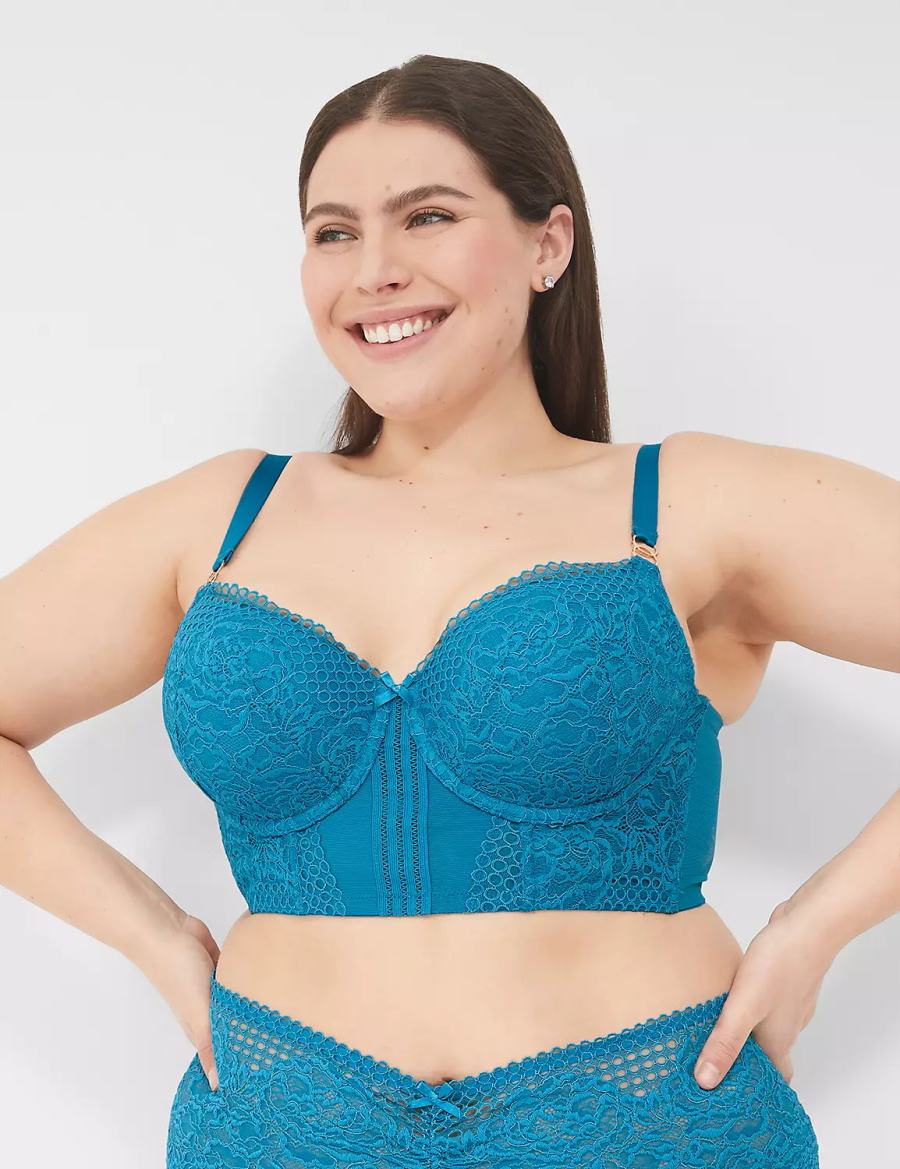 Lane Bryant Lace Longline Boost Women Balconette Bra Blue | FWK377VF