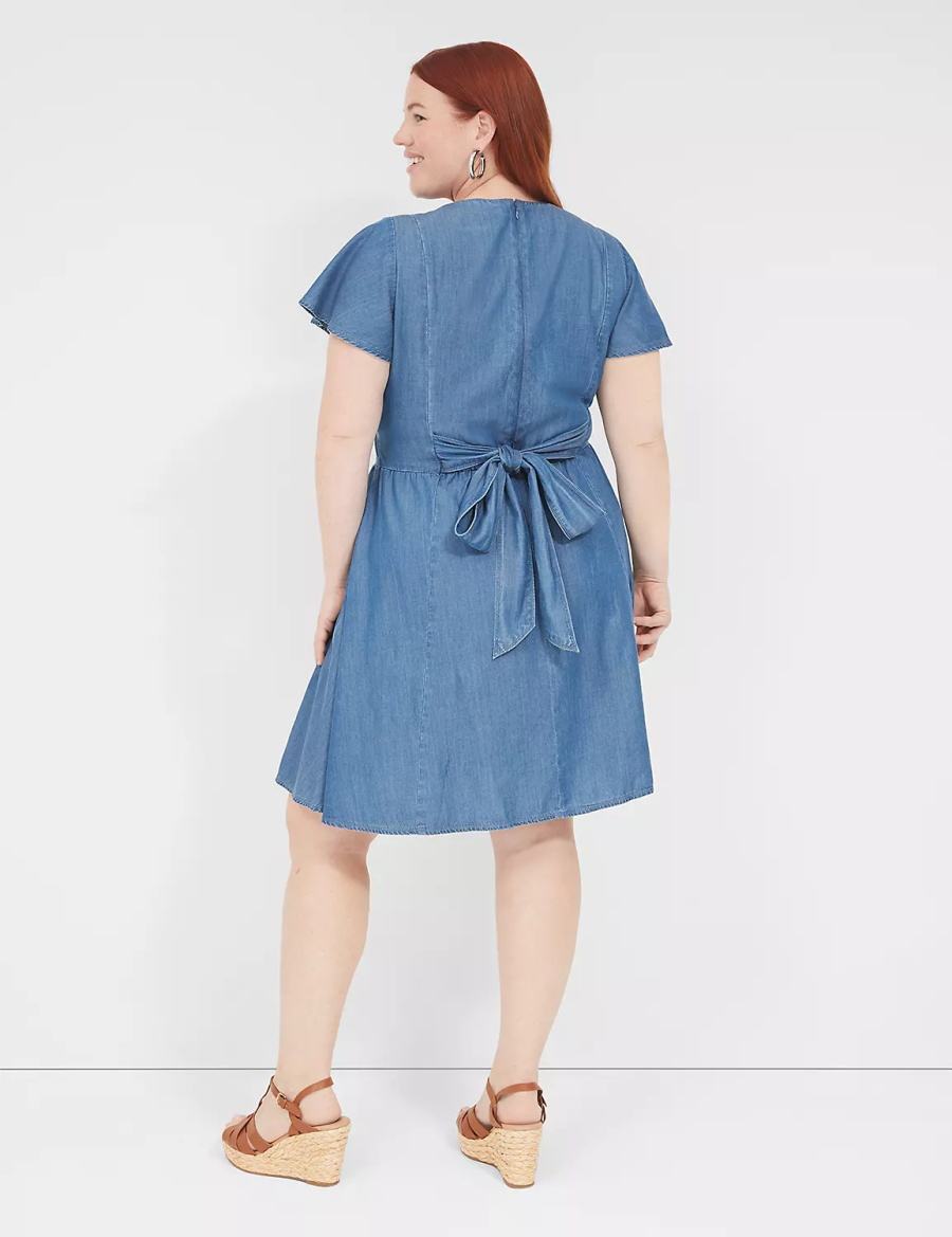 Lane Bryant Lena Denim Surplice-Neck Level-Hem Women Casual Dress Blue | BJI8758NU