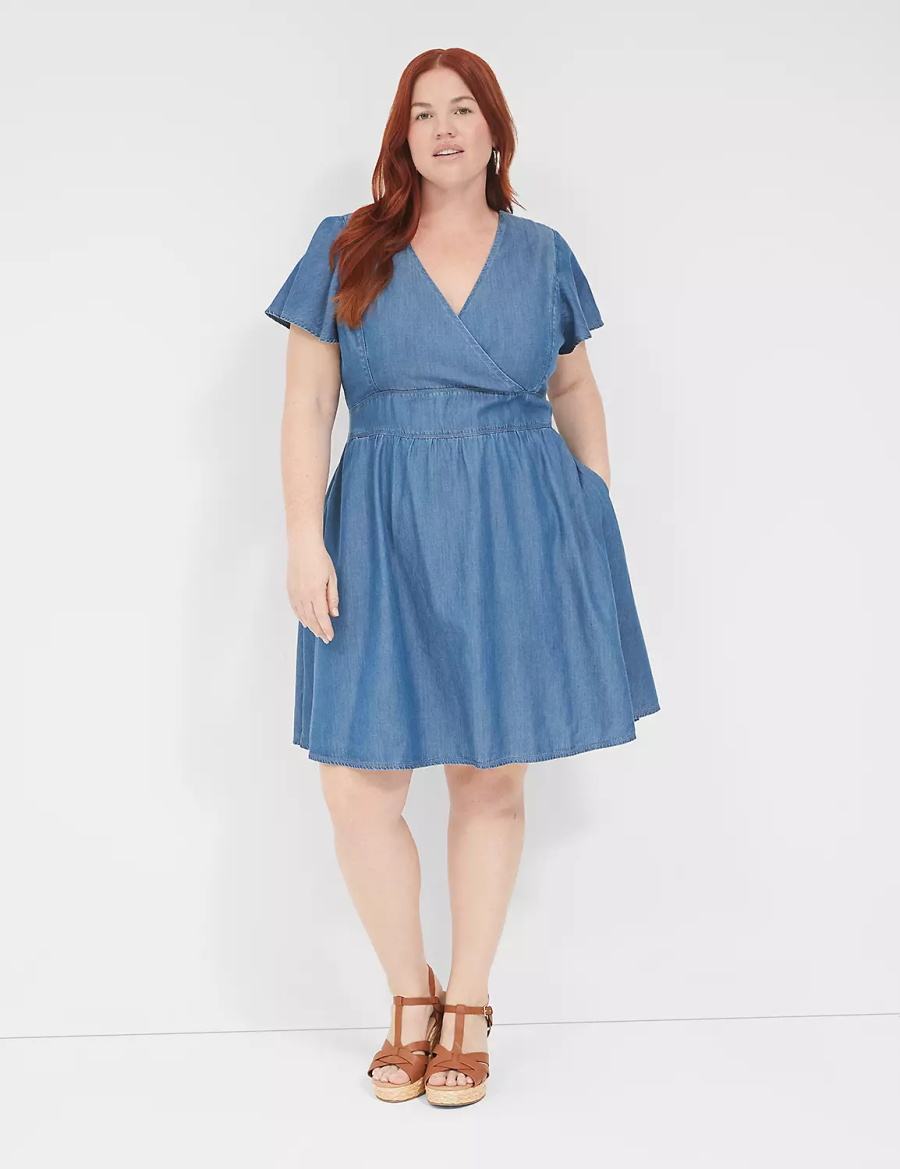 Lane Bryant Lena Denim Surplice-Neck Level-Hem Women Casual Dress Blue | BJI8758NU