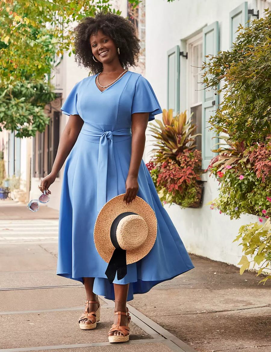 Lane Bryant Lena V-Neck High-Low Women Midi Dress Blue | CVZ342NV