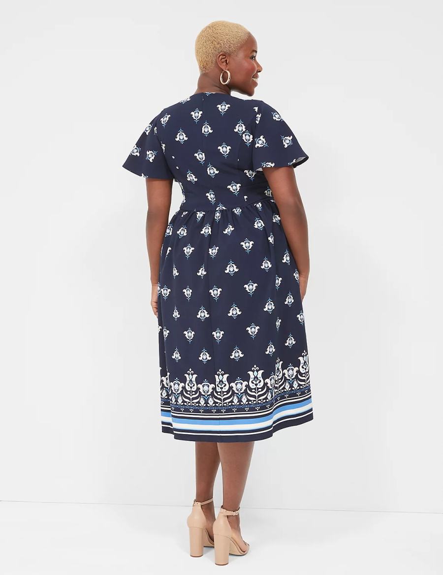 Lane Bryant Lena V-Neck Level-Hem Women Midi Dress Blue | COB8851ZN