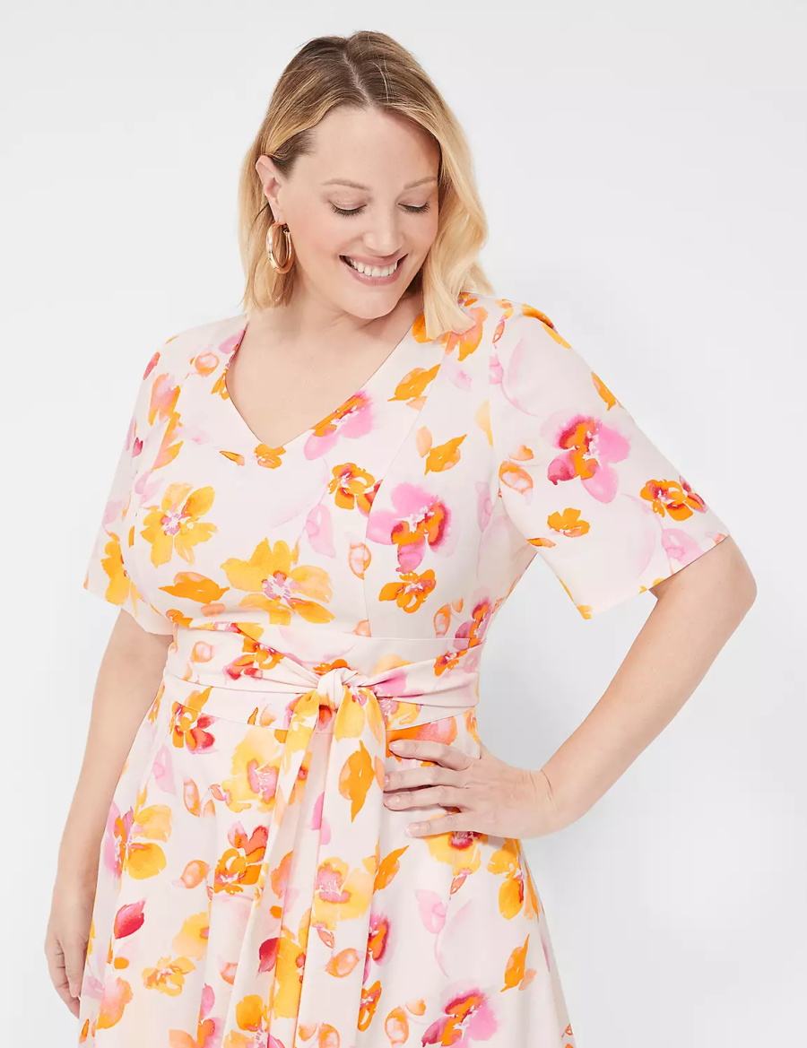 Lane Bryant Lena V-Neck Level-Hem Women Midi Dress Pink Orange | GPB2595MP