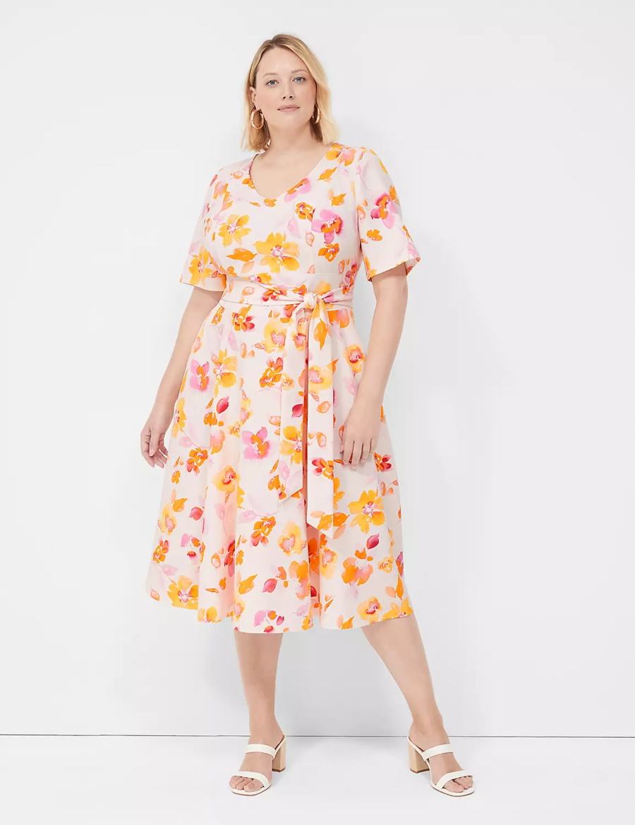 Lane Bryant Lena V-Neck Level-Hem Women Midi Dress Pink Orange | GPB2595MP