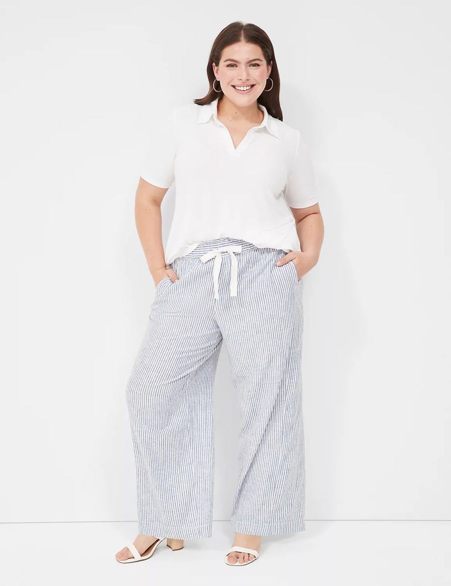 Lane Bryant Linen Stripe Wide Leg Women Pants Blue Stripes | RQA939XS