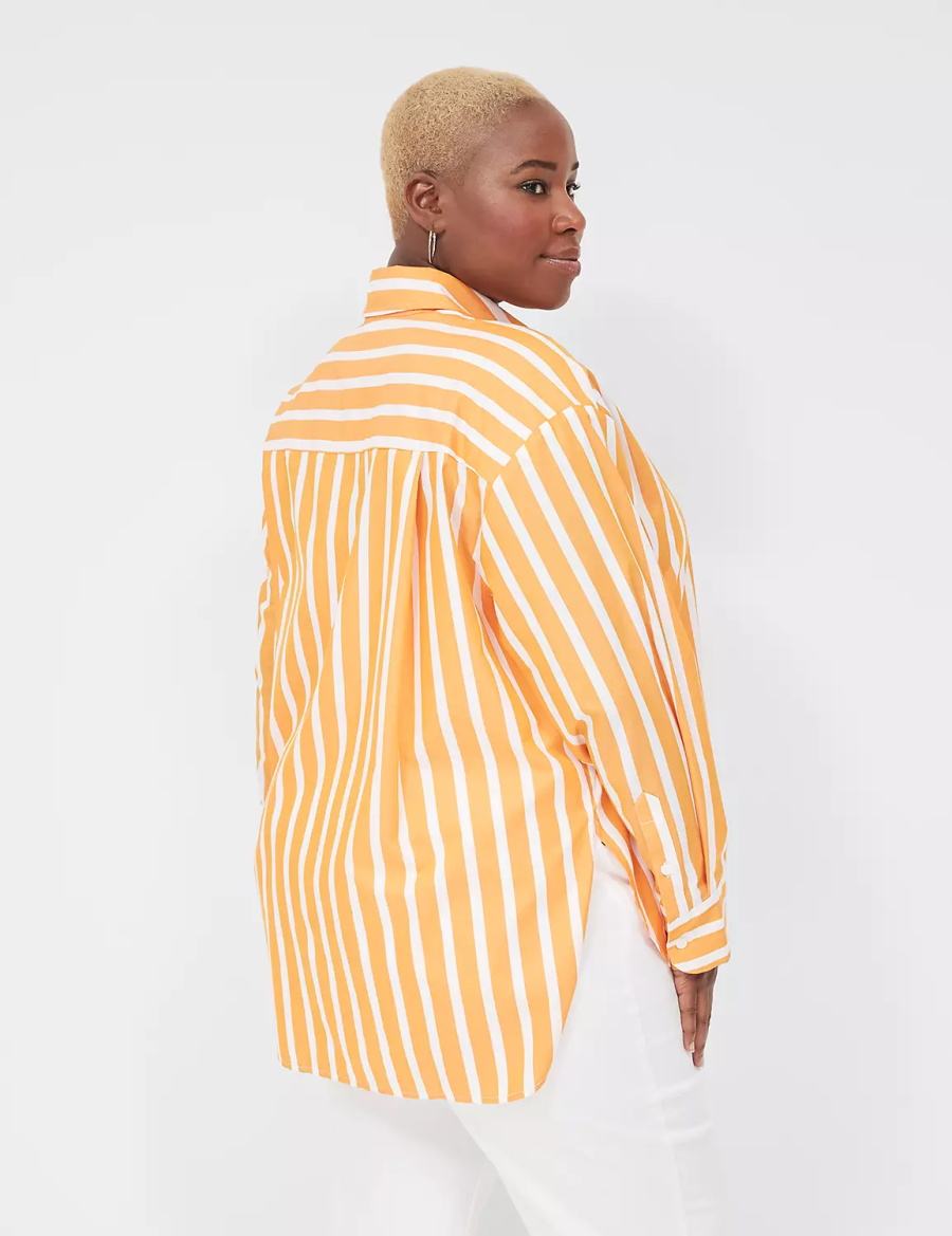 Lane Bryant Long-Sleeve Button-Down Boyfriend Women Shirts Orange Stripes | UFA4316YP