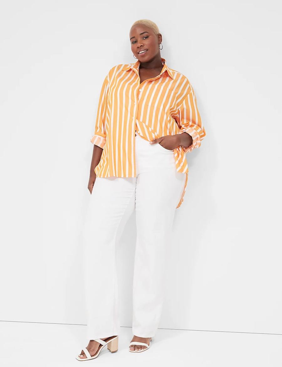 Lane Bryant Long-Sleeve Button-Down Boyfriend Women Shirts Orange Stripes | UFA4316YP