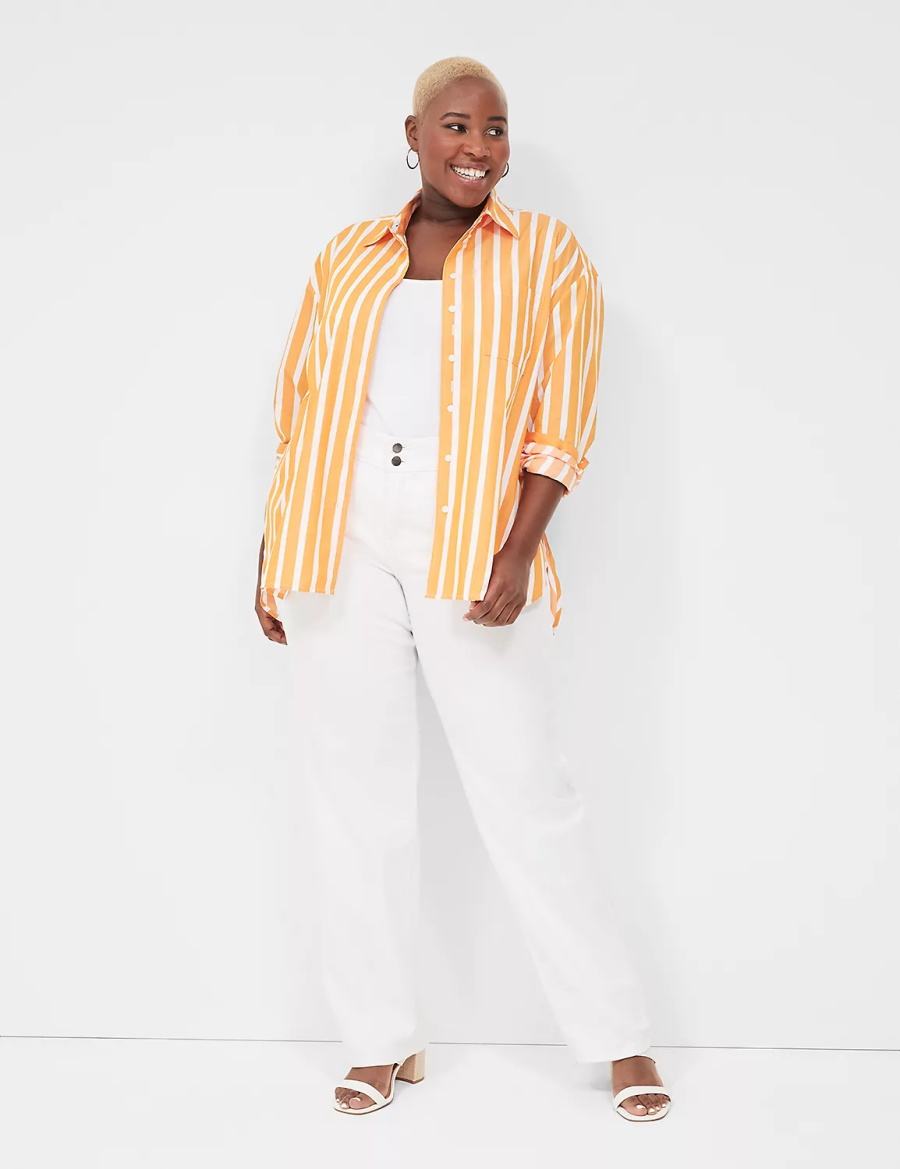 Lane Bryant Long-Sleeve Button-Down Boyfriend Women Shirts Orange Stripes | UFA4316YP