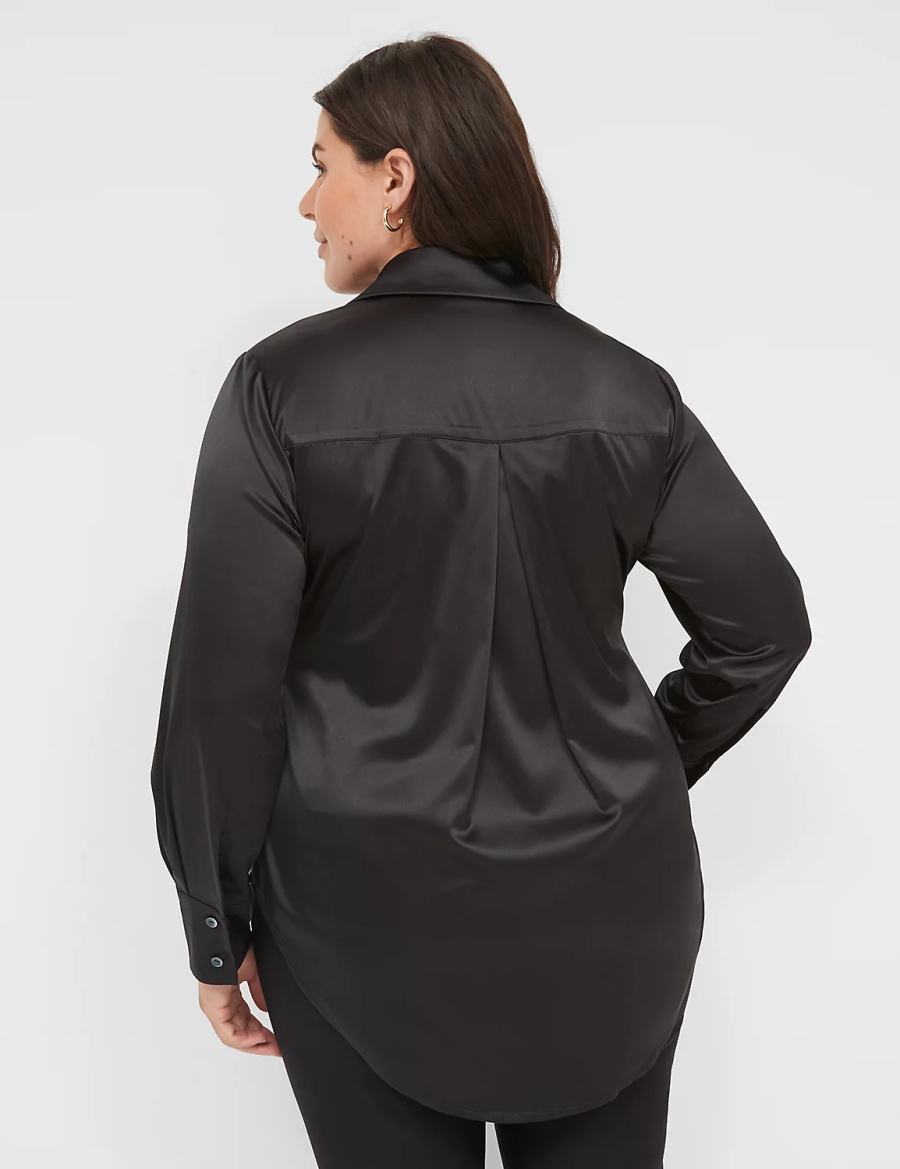 Lane Bryant Long-Sleeve Button-Down Satin Women Shirts Black | XGY5738XX