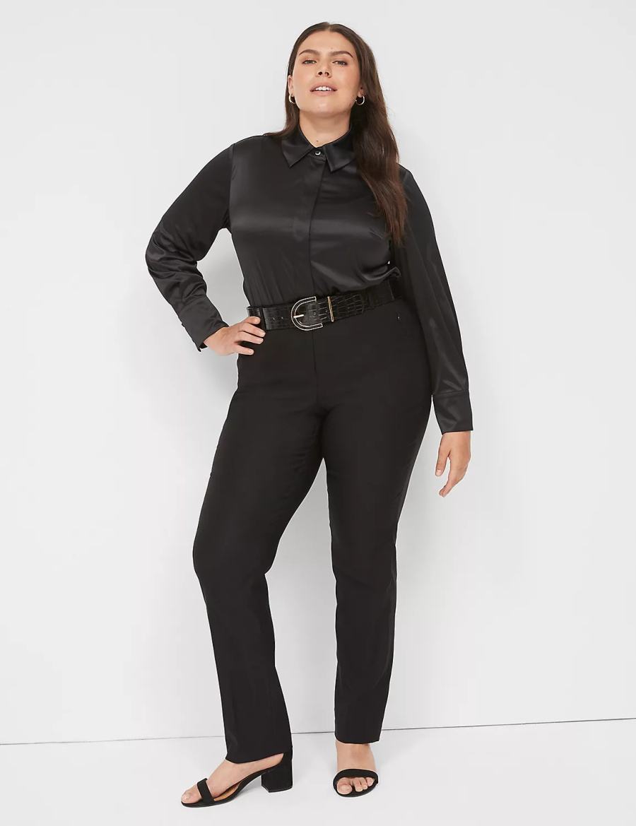 Lane Bryant Long-Sleeve Button-Down Satin Women Shirts Black | XGY5738XX