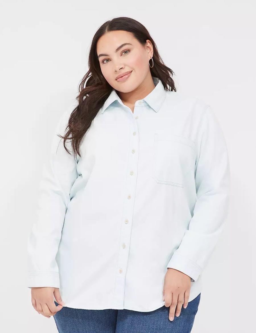 Lane Bryant Long-Sleeve Button-Front Denim Boyfriend Women Shirts Light Blue | YEI4721WW