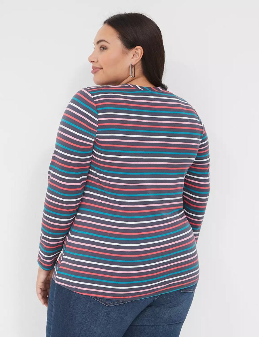 Lane Bryant Long-Sleeve Crew-Neck Tee Women T Shirts Navy Multicolor Stripes | FZZ5551NJ