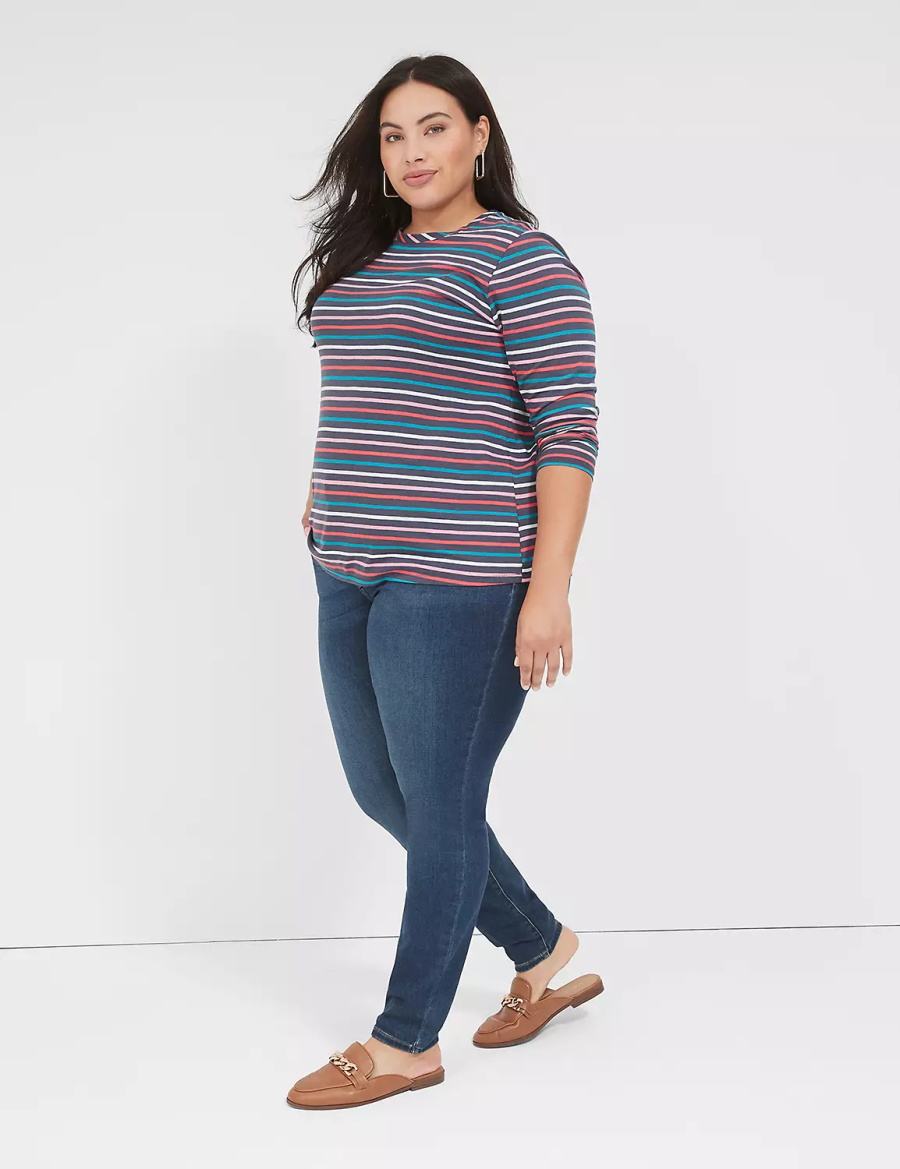 Lane Bryant Long-Sleeve Crew-Neck Tee Women T Shirts Navy Multicolor Stripes | FZZ5551NJ