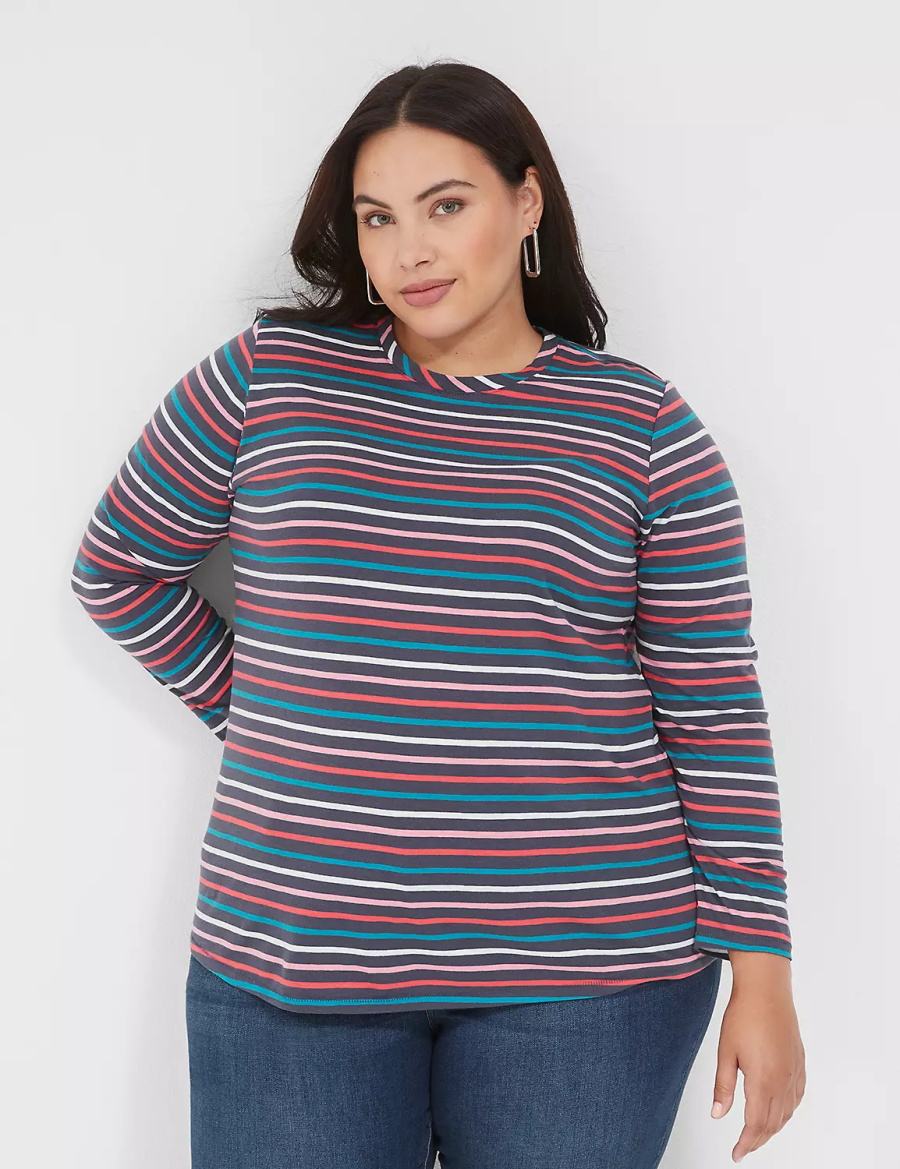 Lane Bryant Long-Sleeve Crew-Neck Tee Women T Shirts Navy Multicolor Stripes | FZZ5551NJ