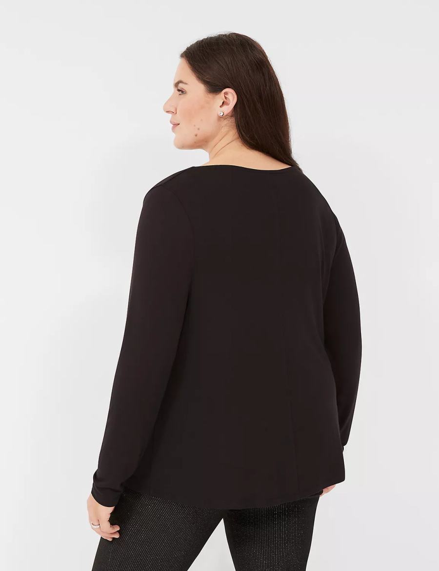 Lane Bryant Long-Sleeve Drape-Neck Top Women T Shirts Black | QPV8558RP