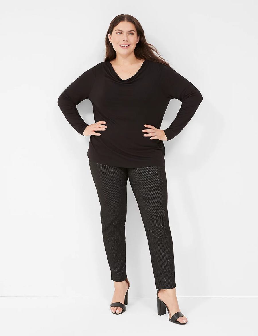 Lane Bryant Long-Sleeve Drape-Neck Top Women T Shirts Black | QPV8558RP