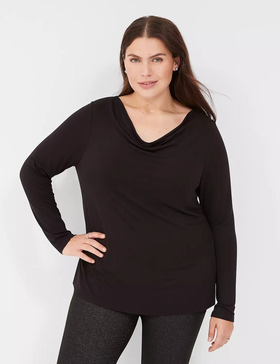 Lane Bryant Long-Sleeve Drape-Neck Top Women T Shirts Black | QPV8558RP