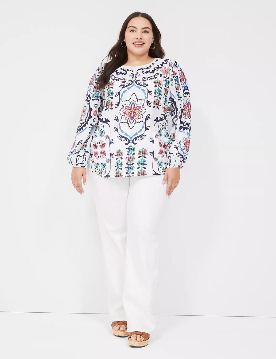 Lane Bryant Long-Sleeve Peasant Women Blouse White Multicolor | IIC9738WC