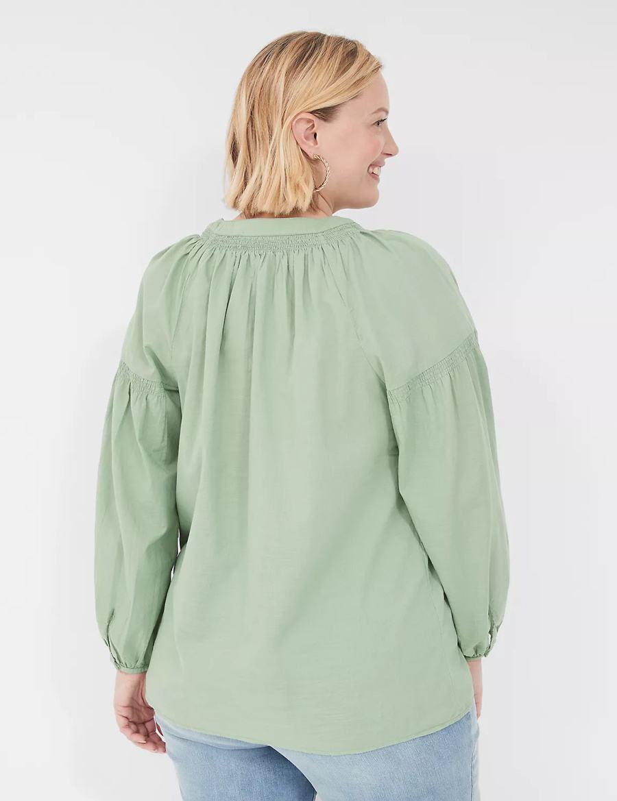 Lane Bryant Long-Sleeve Split-Neck Popover Women Shirts Light Green | BKW6628KC