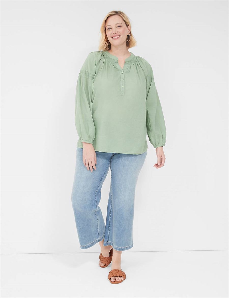 Lane Bryant Long-Sleeve Split-Neck Popover Women Shirts Light Green | BKW6628KC