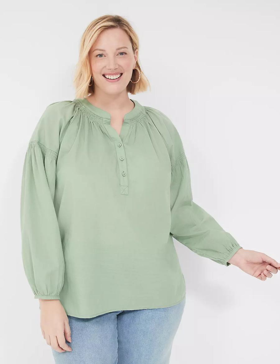 Lane Bryant Long-Sleeve Split-Neck Popover Women Shirts Light Green | BKW6628KC