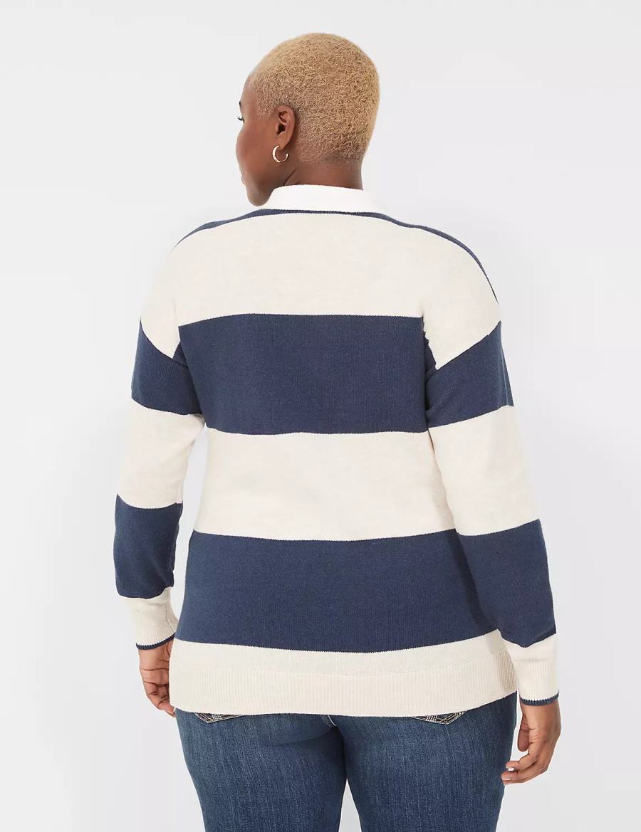 Lane Bryant Long-Sleeve Stripe Polo Women Sweaters Navy Stripes | YVX1412IF