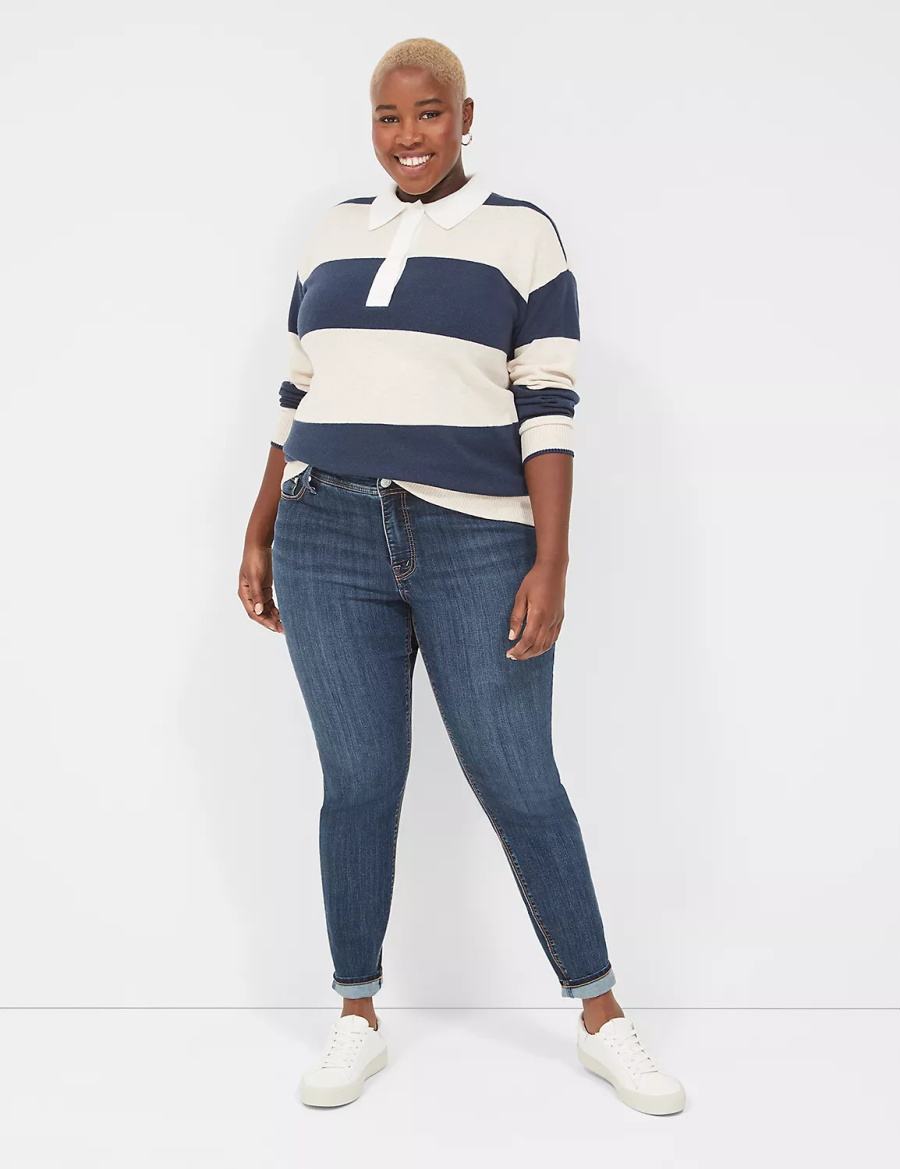 Lane Bryant Long-Sleeve Stripe Polo Women Sweaters Navy Stripes | YVX1412IF