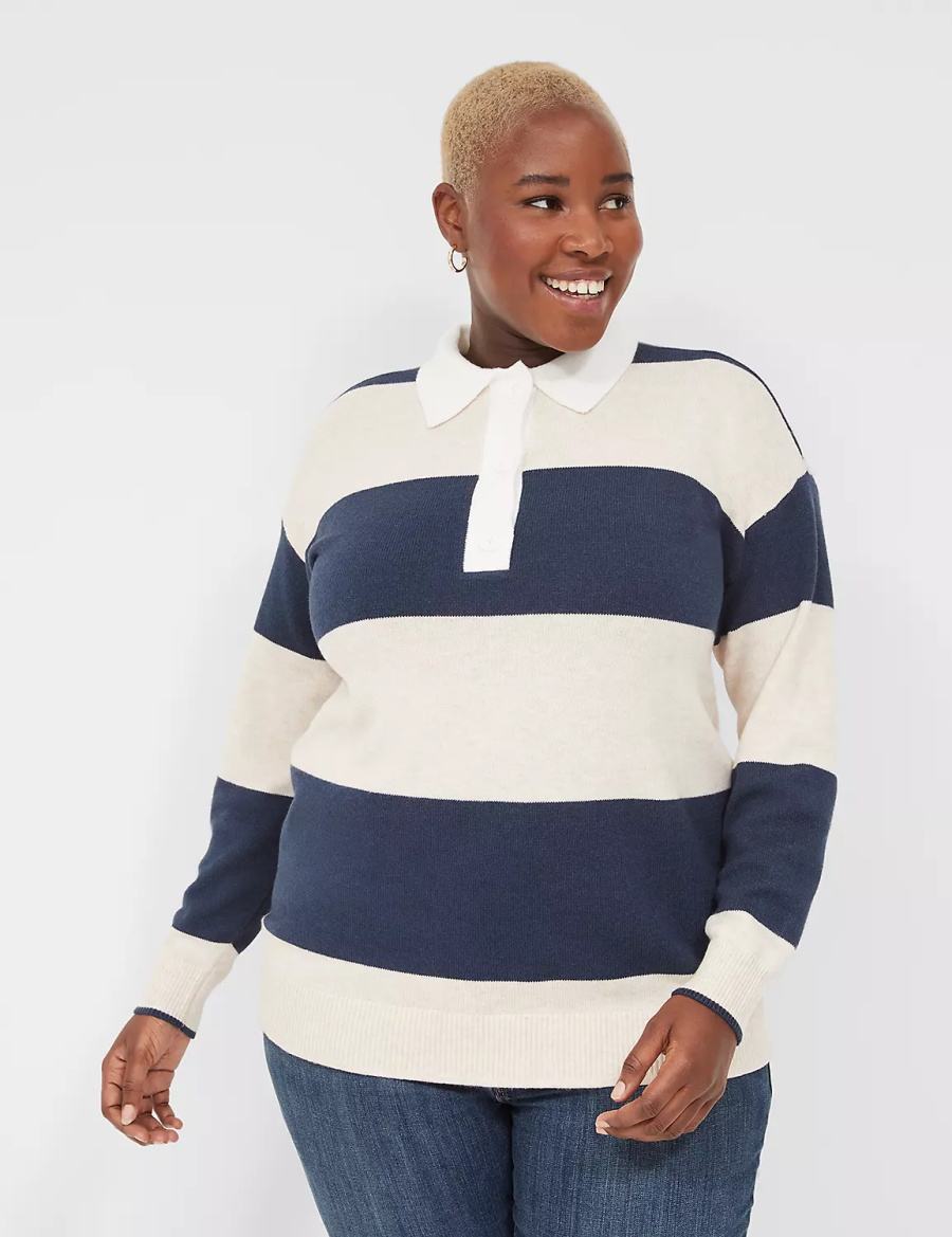 Lane Bryant Long-Sleeve Stripe Polo Women Sweaters Navy Stripes | YVX1412IF