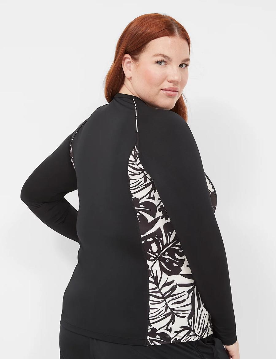 Lane Bryant Long-Sleeve Swim Rash Guard Women Swimsuits Black | VGQ7690MS