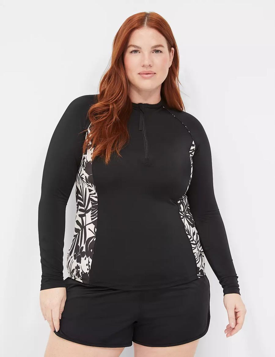 Lane Bryant Long-Sleeve Swim Rash Guard Women Swimsuits Black | VGQ7690MS