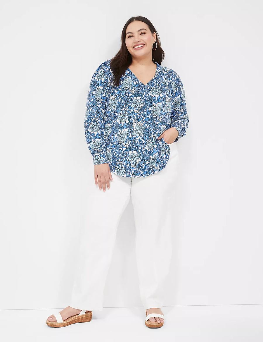 Lane Bryant Long-Sleeve V-Neck Women Blouse Blue | TJC325CP