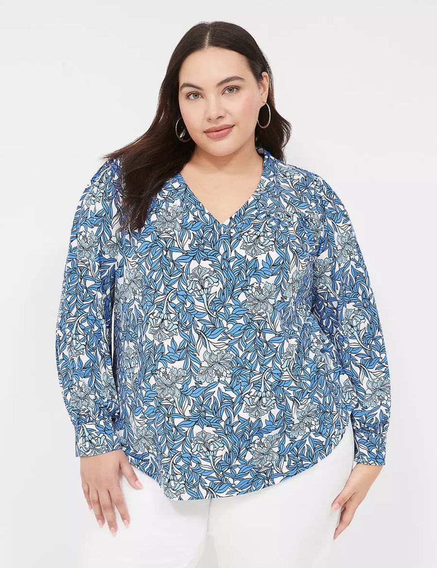 Lane Bryant Long-Sleeve V-Neck Women Blouse Blue | TJC325CP