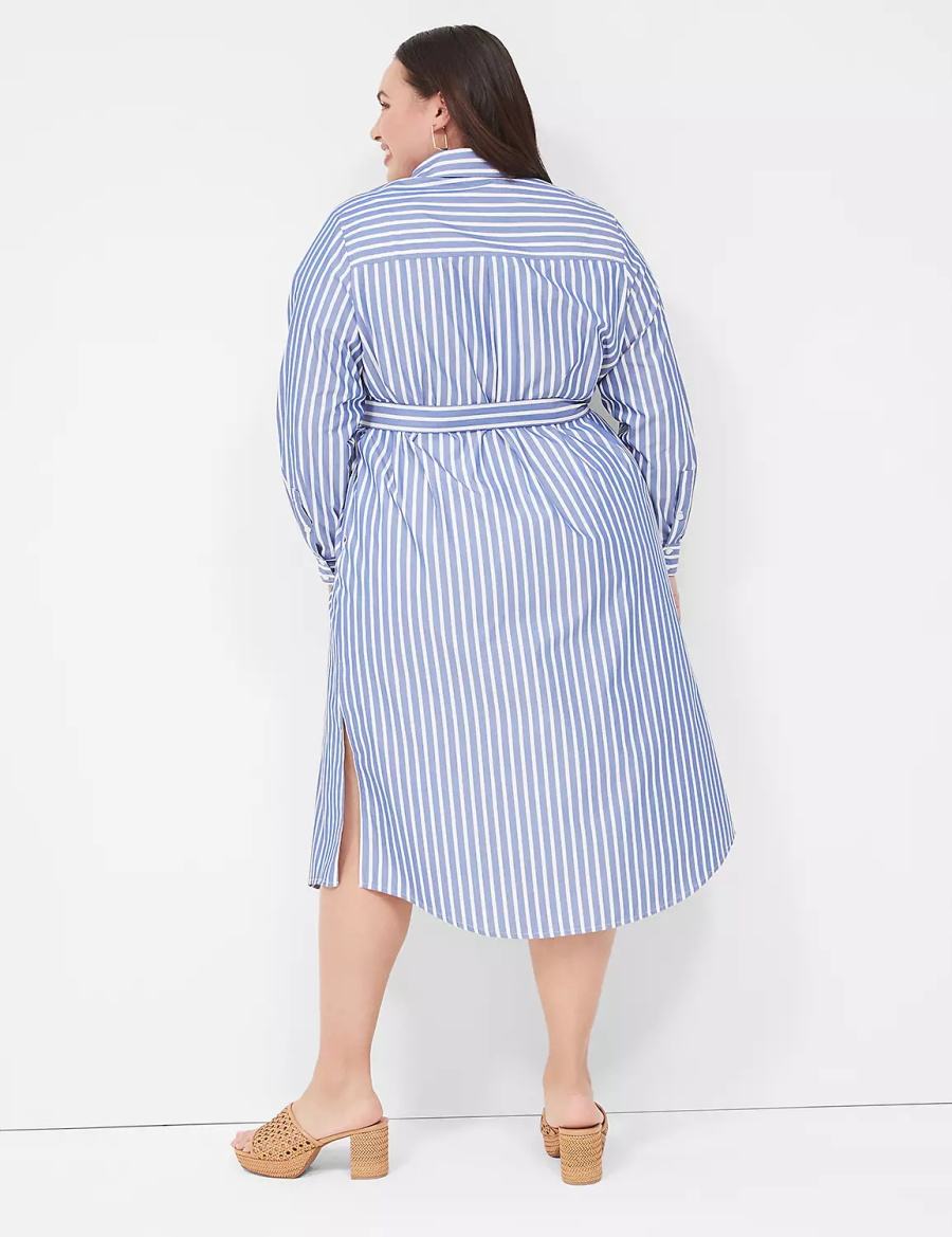 Lane Bryant Long-Sleeveed Midi Women Shirt Dress Blue Stripes | TNK3011GJ