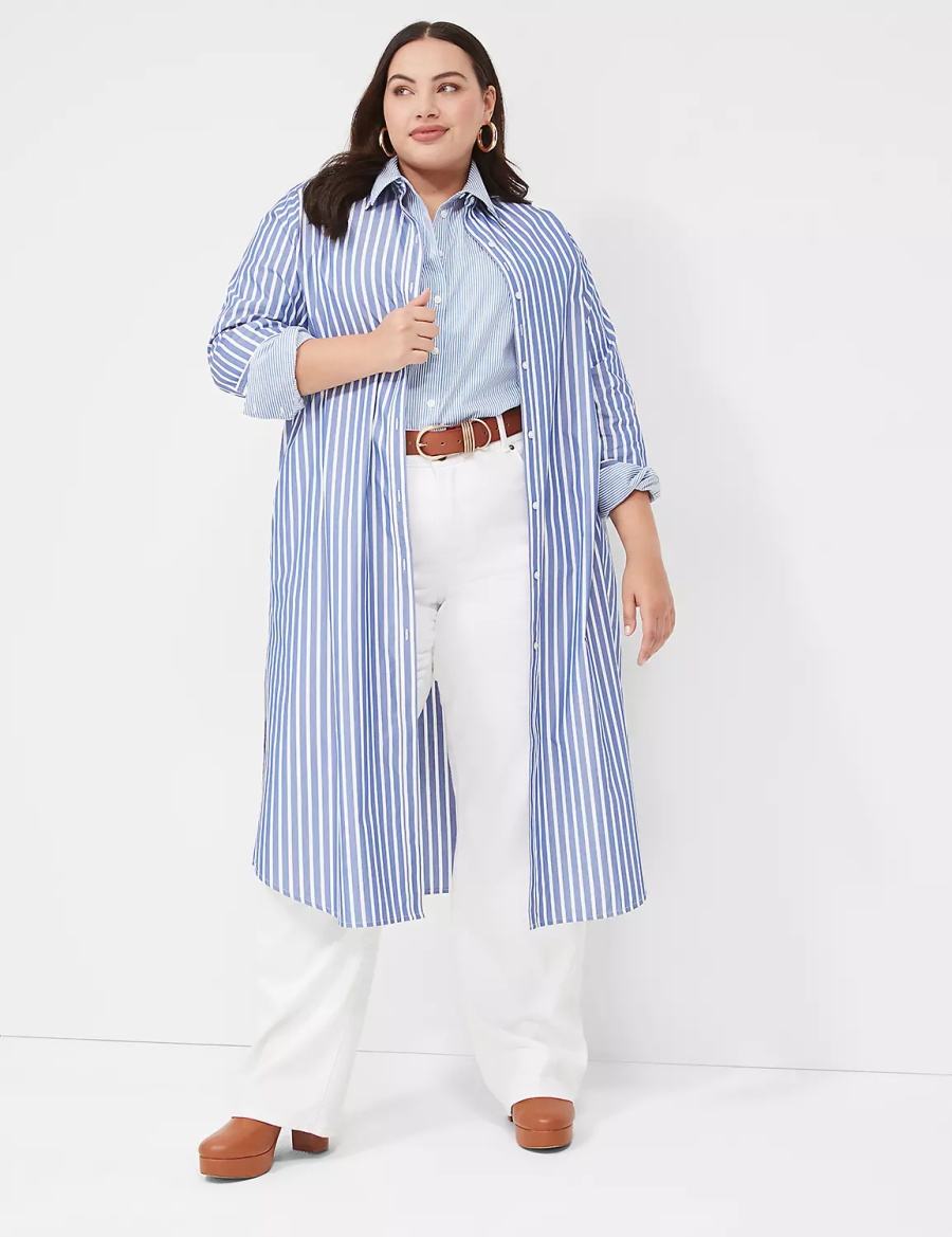 Lane Bryant Long-Sleeveed Midi Women Shirt Dress Blue Stripes | TNK3011GJ