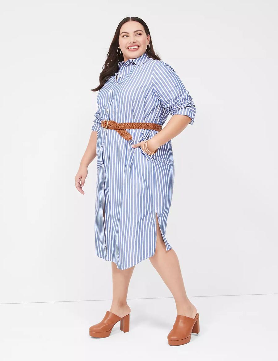 Lane Bryant Long-Sleeveed Midi Women Shirt Dress Blue Stripes | TNK3011GJ