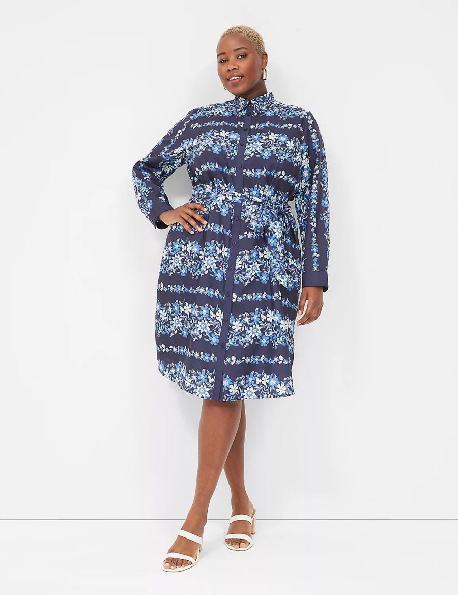 Lane Bryant Long-Sleeveed Midi Women Shirt Dress Dark Blue | VZZ7637OL