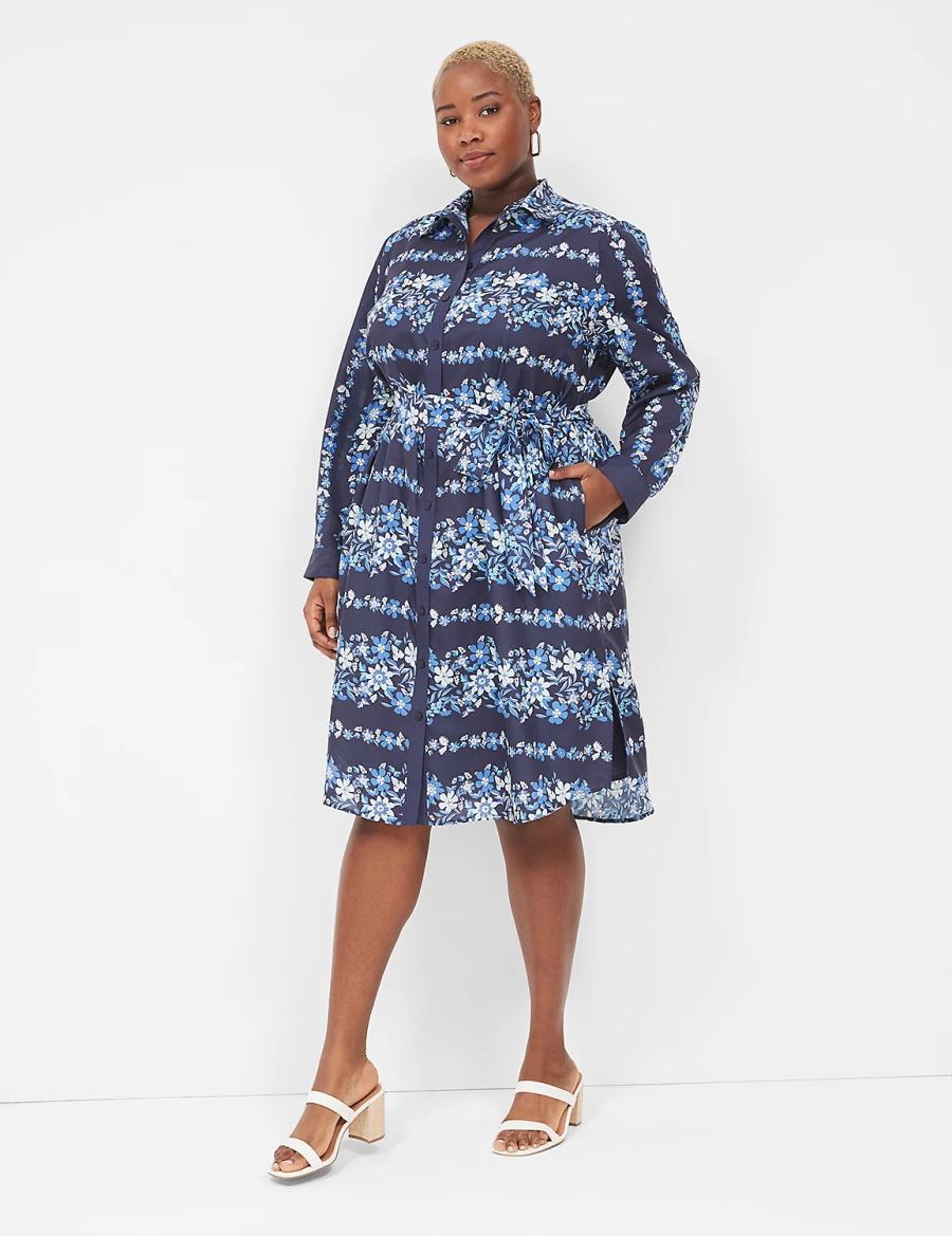 Lane Bryant Long-Sleeveed Midi Women Shirt Dress Dark Blue | VZZ7637OL