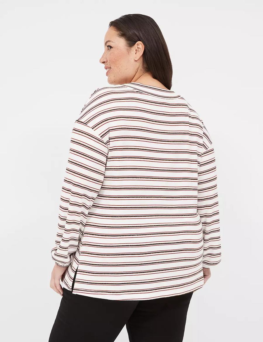 Lane Bryant Lurex Blouson-Sleeve V-Neck Tunic Women T Shirts White Black Stripes | OUH792BR