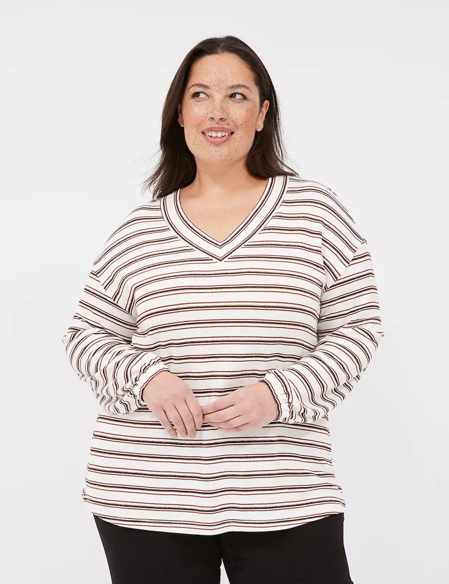 Lane Bryant Lurex Blouson-Sleeve V-Neck Tunic Women T Shirts White Black Stripes | OUH792BR