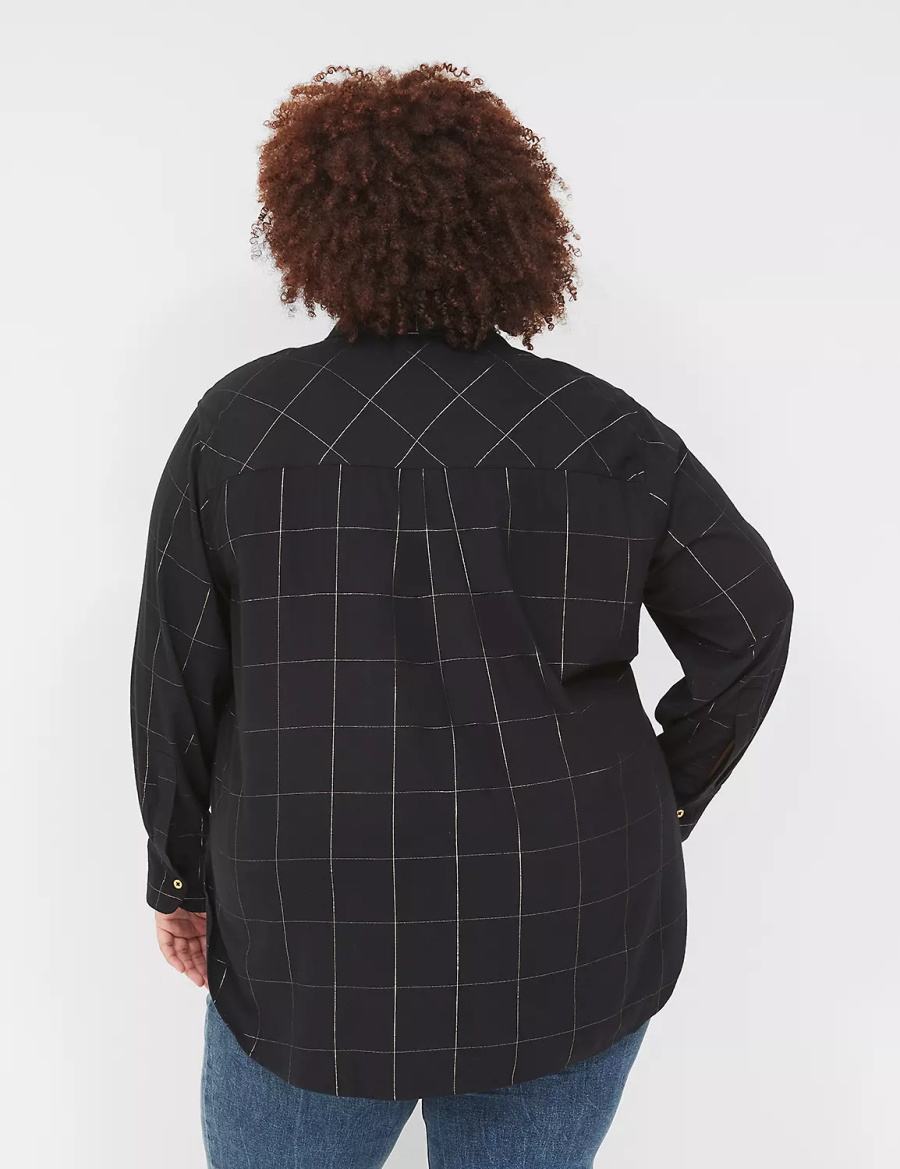 Lane Bryant Lurex Button-Down Plaid Flannel Women Shirts Black | VBB5960EE